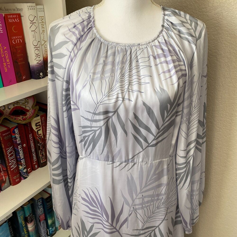 BOHME Gray Elegant Leaf Pattern Romantic Whimsical Long Sleeve Boho Maxi Dress L - Picture 2 of 12